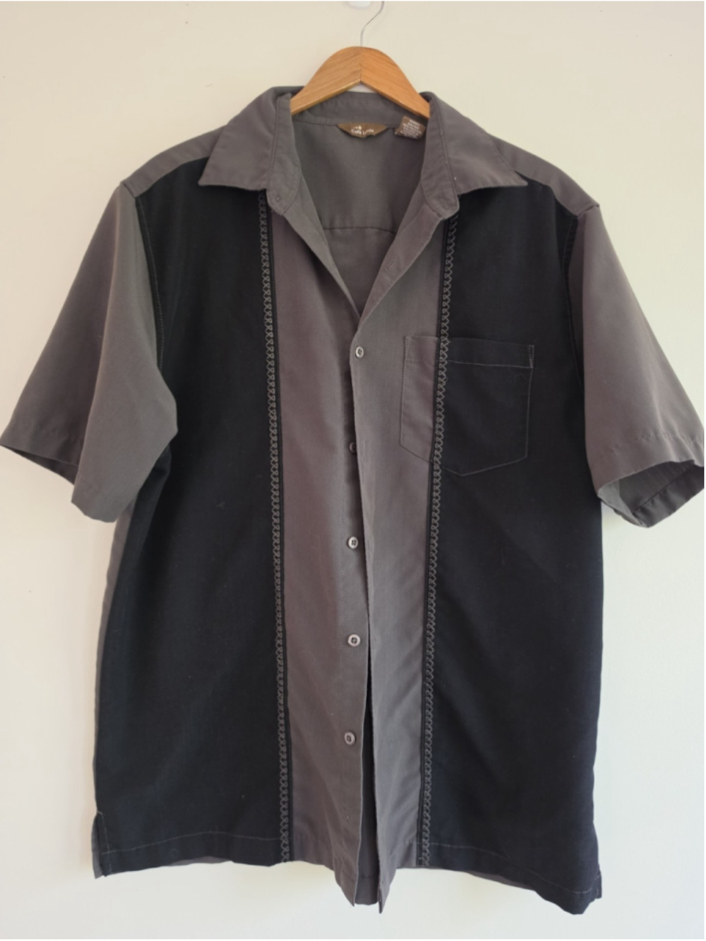 Café Luna Black Gray Geometric Embroidered Short Sleeve Button-Up Shirt Men's L - Picture 2 of 5